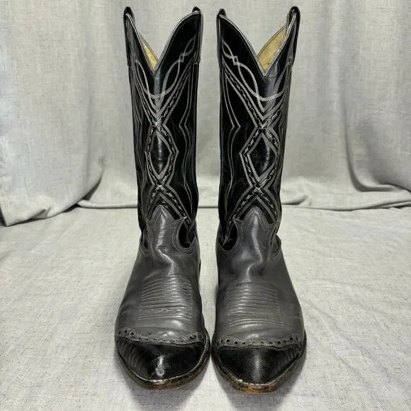 Tony Lama Vintage Cowboy Boots Grey Black Leather Western Top Stitching Size 9 - Picture 3 of 11